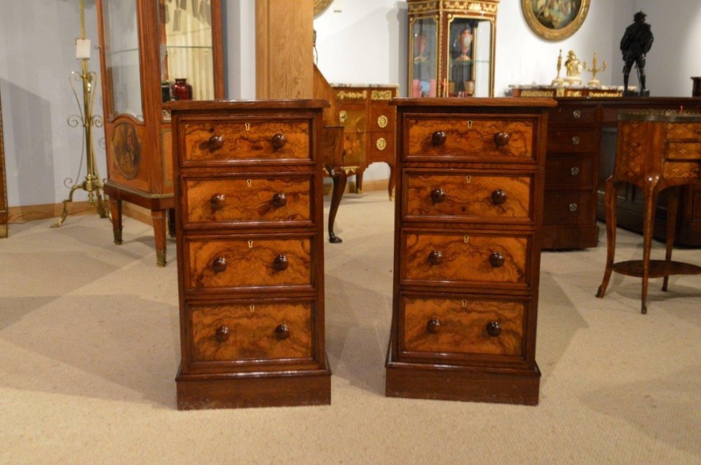 A Fine quality pair of burr walnut Victorian Period antique bedside chests (adapted).
