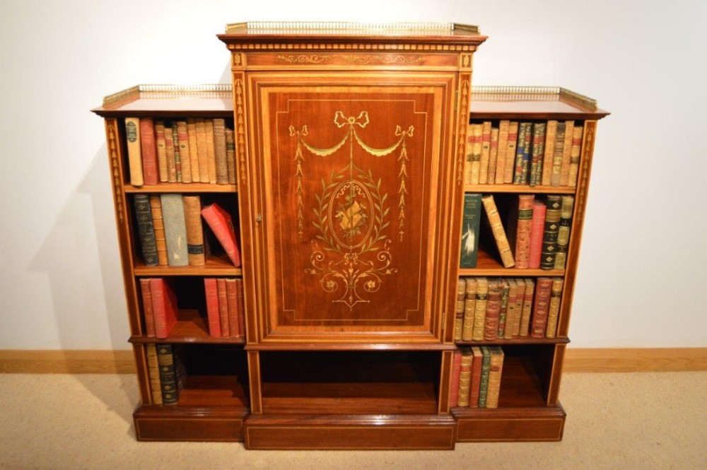 A beautiful Edwards & Roberts Late Victorian Period mahogany & marquetry inlaid open bookcase