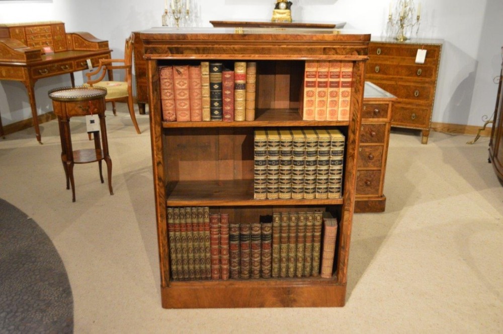 A burr walnut & tulipwood Victorian Period antique open bookcase. 