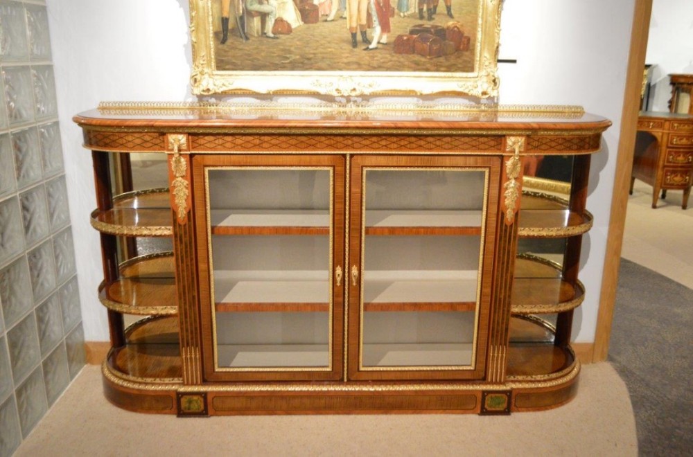  An Exhibition quality sycamore, purple heart and kingwood ormolu mounted Victorian Period credenza.
