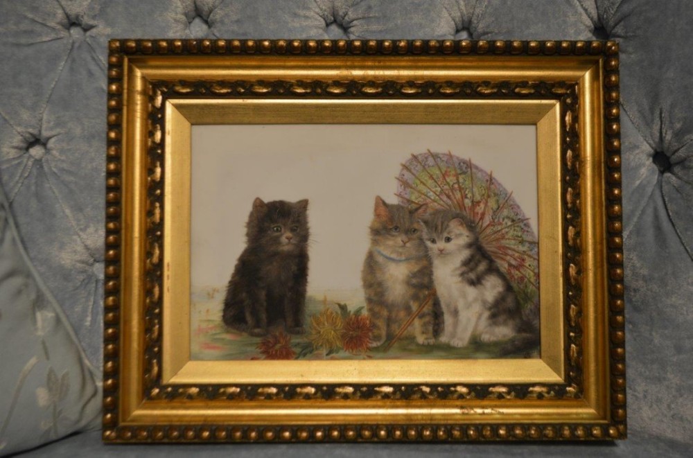 A small oil painting of kittens by Bessie Bamber