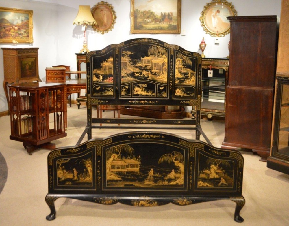 A fine quality  5ft Chinoiserie lacquered double bed