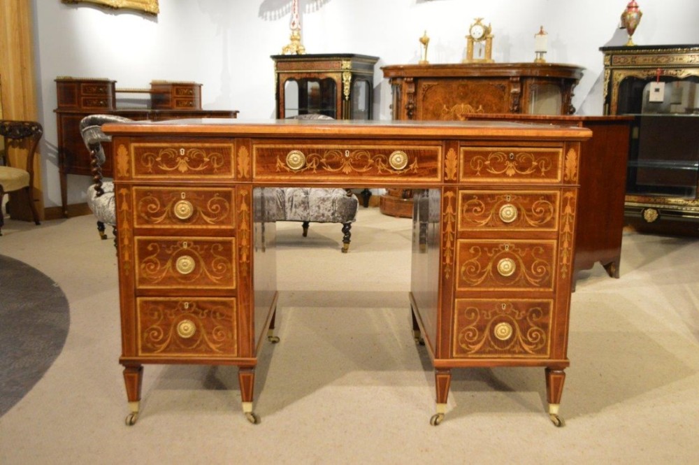 A fine quality marquetry and pen-work inlaid Sheraton Revival antique writing desk by Edwards & Roberts Of London