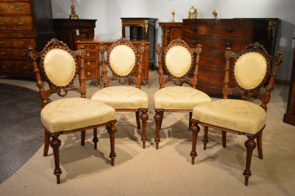 A stunning quality set of 4 Victorian Period walnut antique dining chairs. 