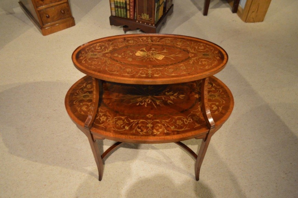 A mahogany & marquetry inlaid Edwardian Period two tier etagere
