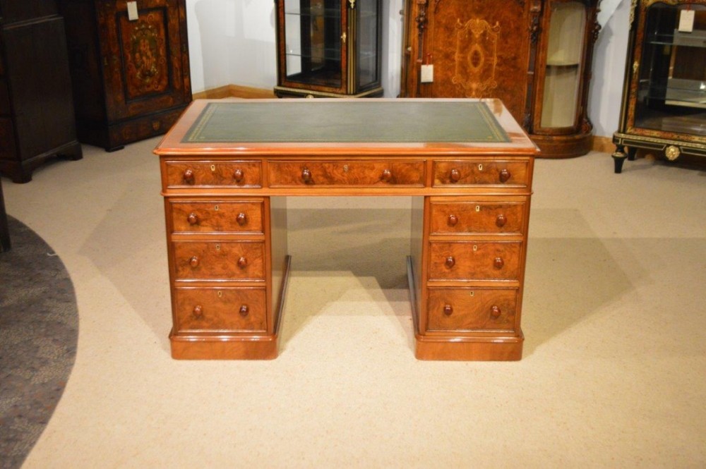 A Burr walnut & walnut Victorian Period antique pedestal desk