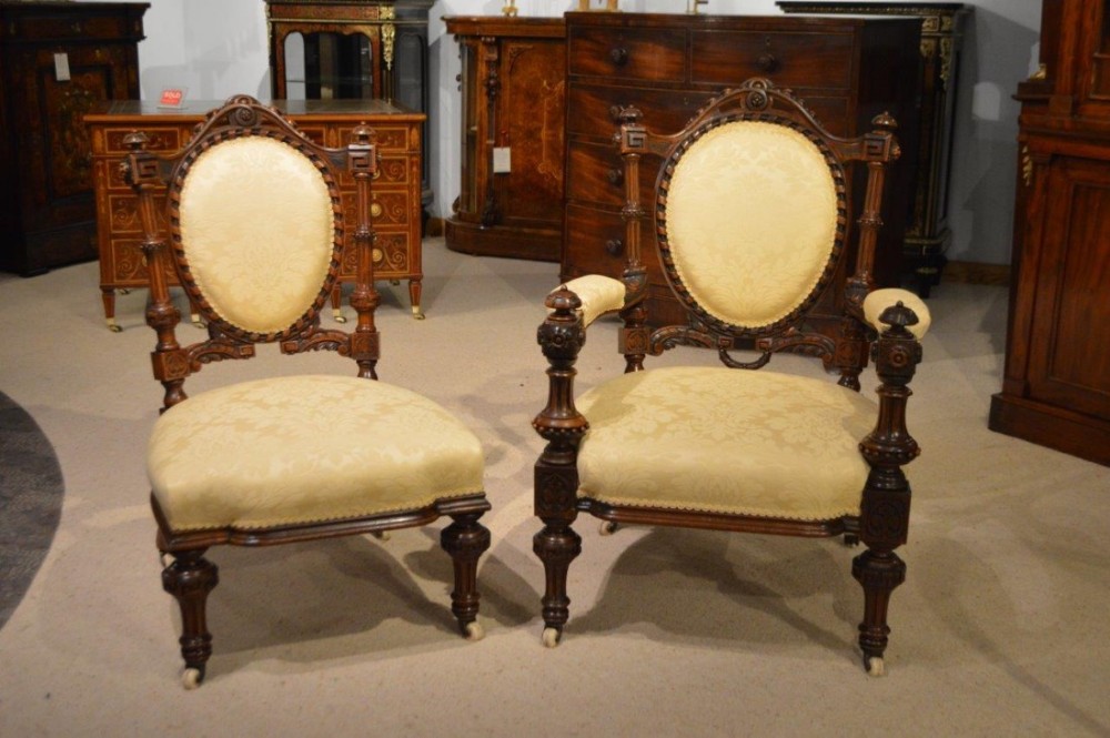 Stunning Quality carved walnut Victorian Period ladies and gents chairs.
