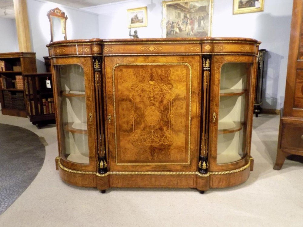 A Fine quality burr walnut & ormolu mounted inlaid Victorian Period credenza.