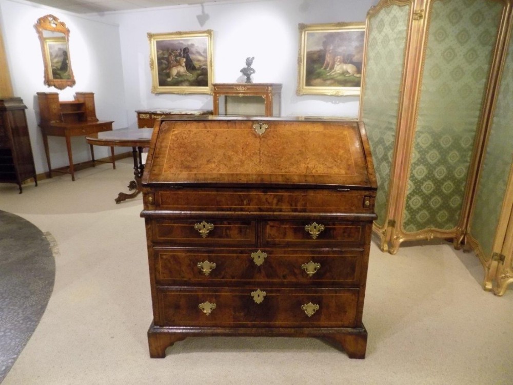A Fine walnut and burr oak George I Period antique bureau.