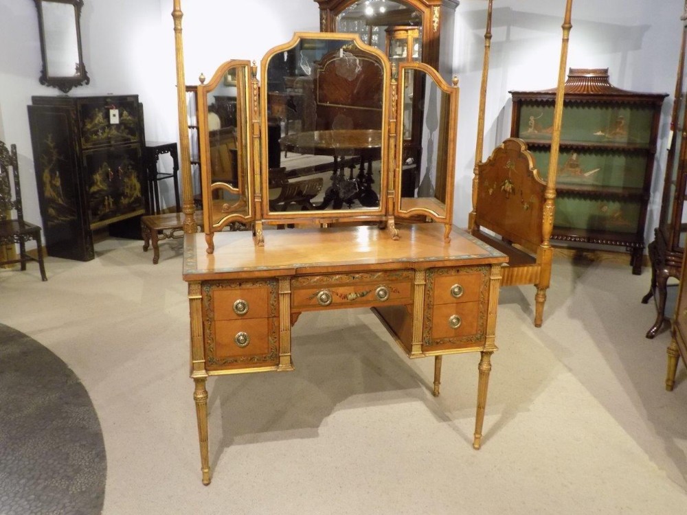 A superb Sheraton Revival satinwood painted dressing table and stool