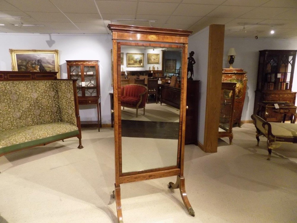 A mahogany inlaid Edwardian Period antique cheval mirror