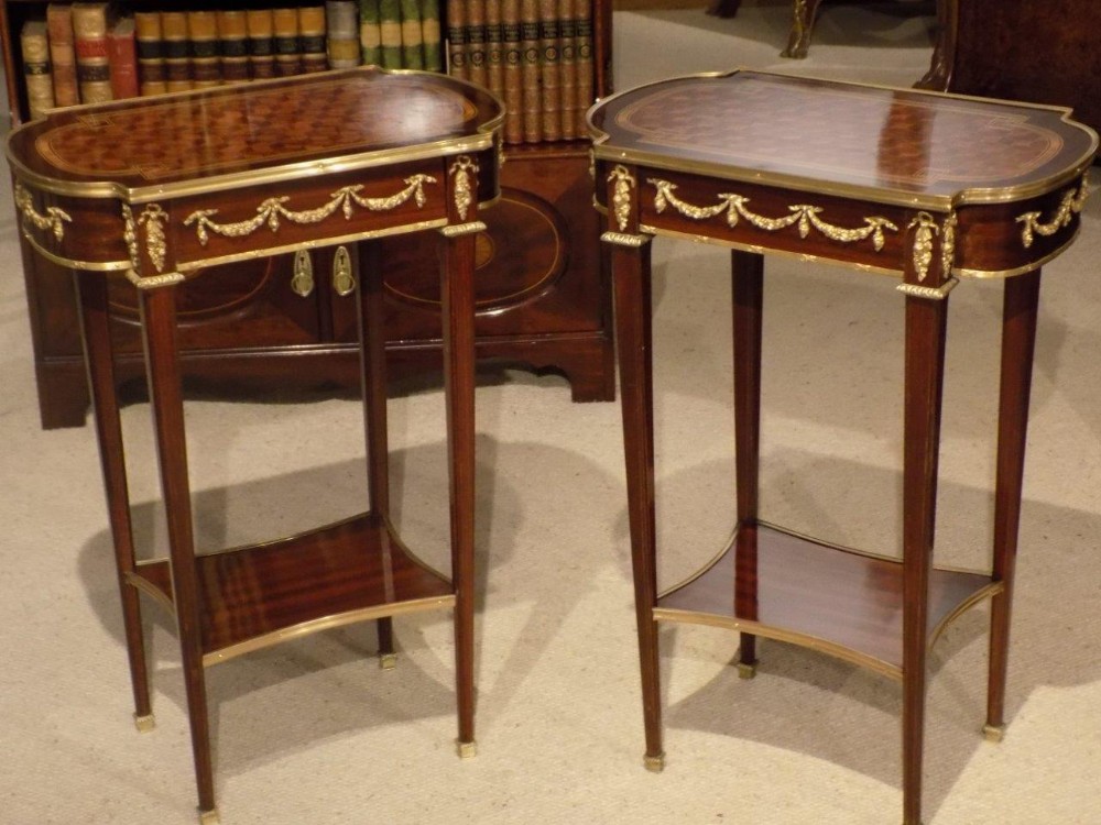 A Fine Quality pair of French mahogany, kingwood and parquetry inlaid Late 19th Century antique side tables