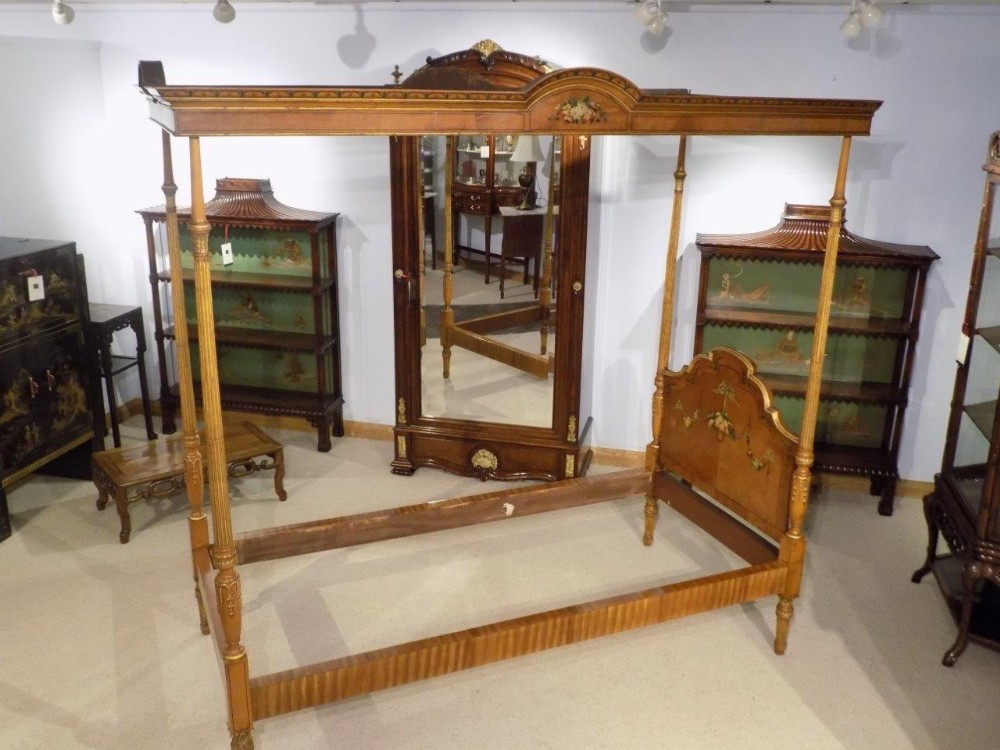 A superb Sheraton Revival satinwood painted single four poster bed with canopy 