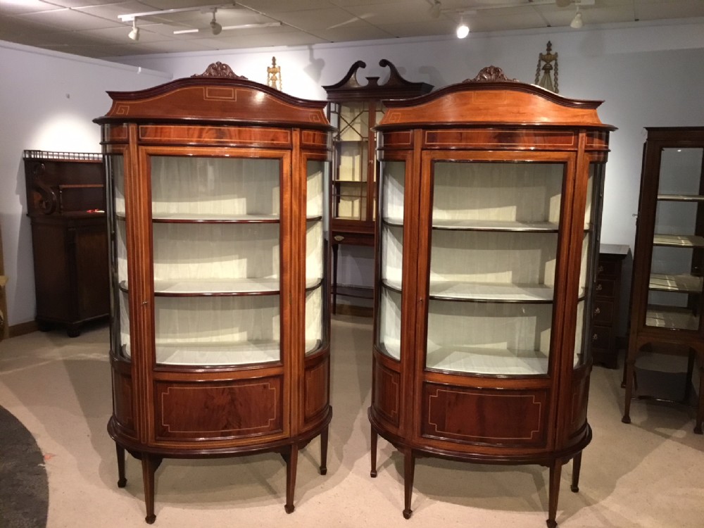 A fine quality pair of mahogany inlaid Edwardian Period antique display cabinets