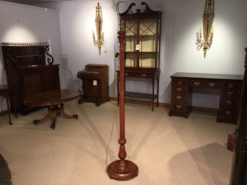 An Edwardian Period chinoiserie red lacquered standard lamp