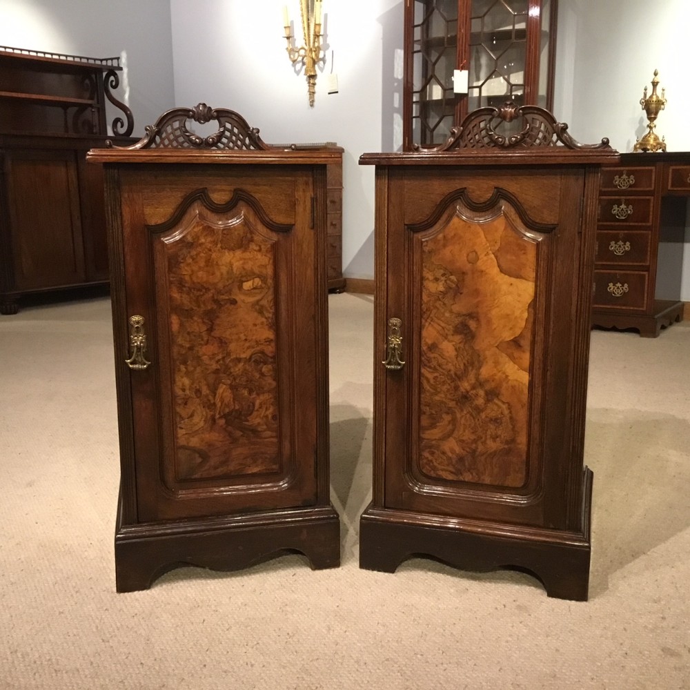 A good pair of burr walnut & walnut Late Victorian Period antique bedside cabinets
