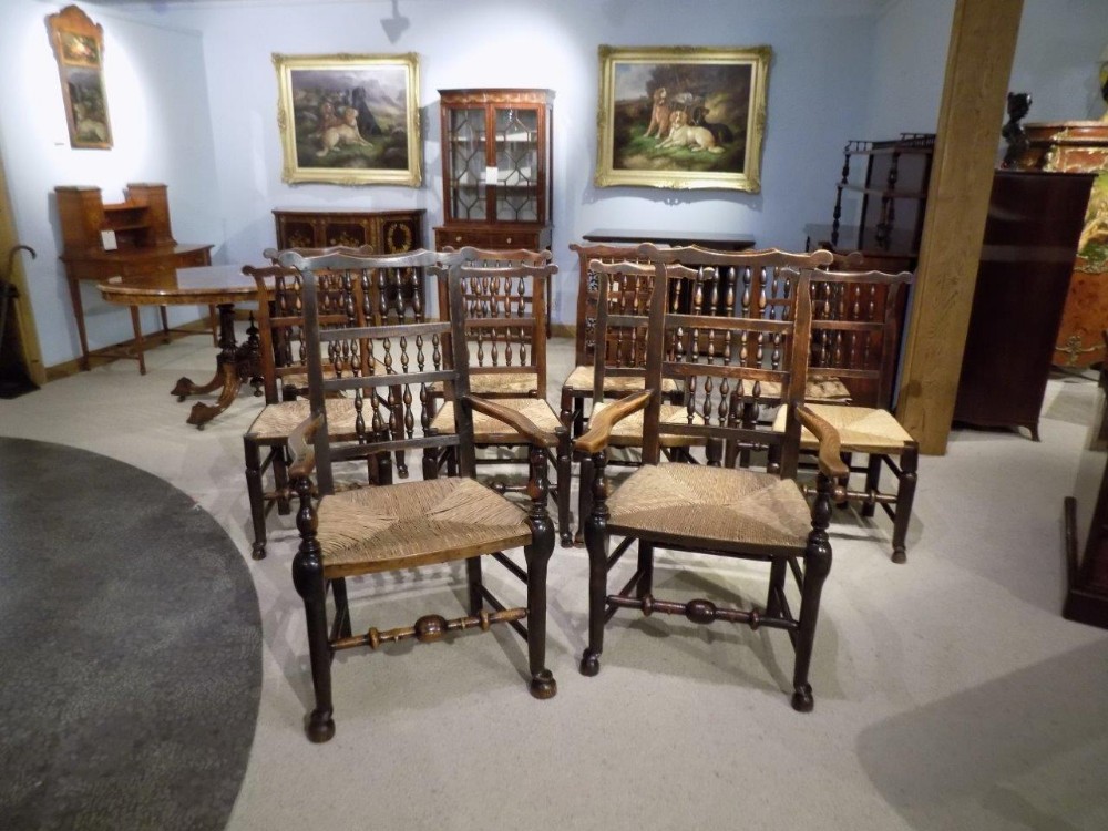 A good set of 10 19th Century Ash & Elm Lancashire country spindle-back dining chairs