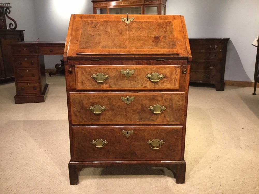 A small burr walnut herring bone banded 18th Century bureau.