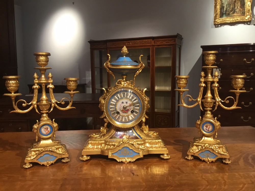 A Fine Quality Ormolu & Sevres Porcelain Mounted French Clock Garniture