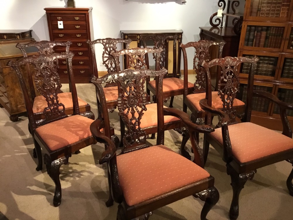 A fine quality set of 8 mahogany Chippendale Revival dining chairs