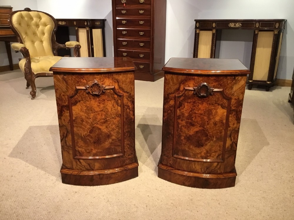 A good pair of small burr walnut Victorian Period bedside cupboards