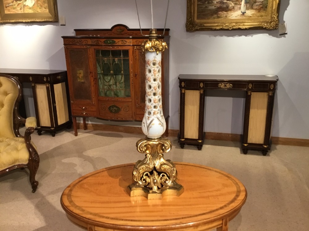 A Victorian Period ormolu and bohemian glass lamp