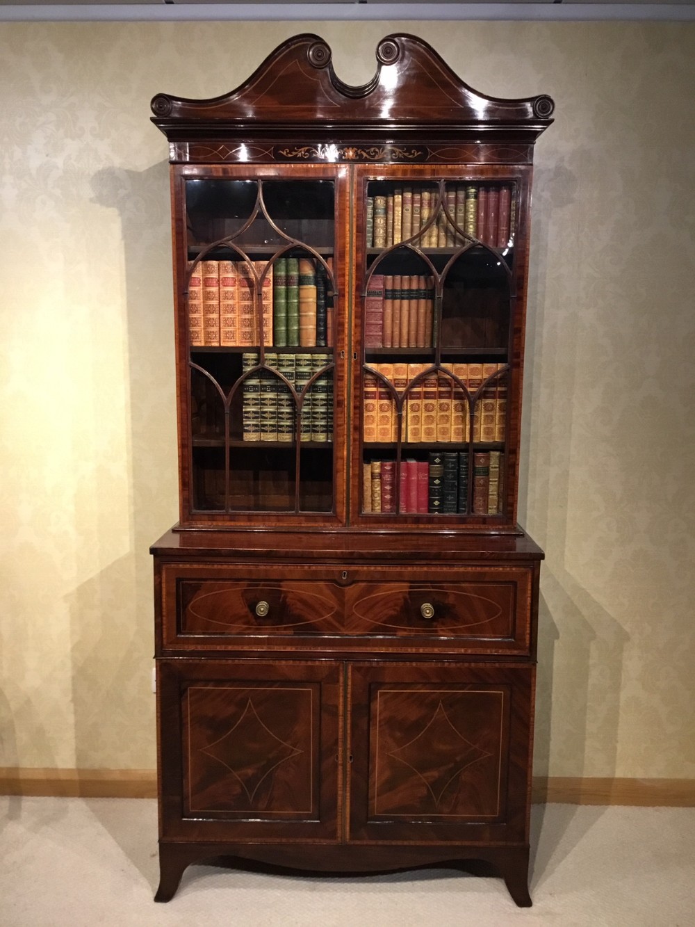 A good Edwardian Period mahogany inlaid secretaire bookcase