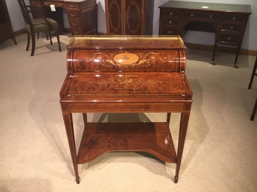 A Stunning Quality Marquetry Inlaid Cylinder Bureau By Maple & Co Of London