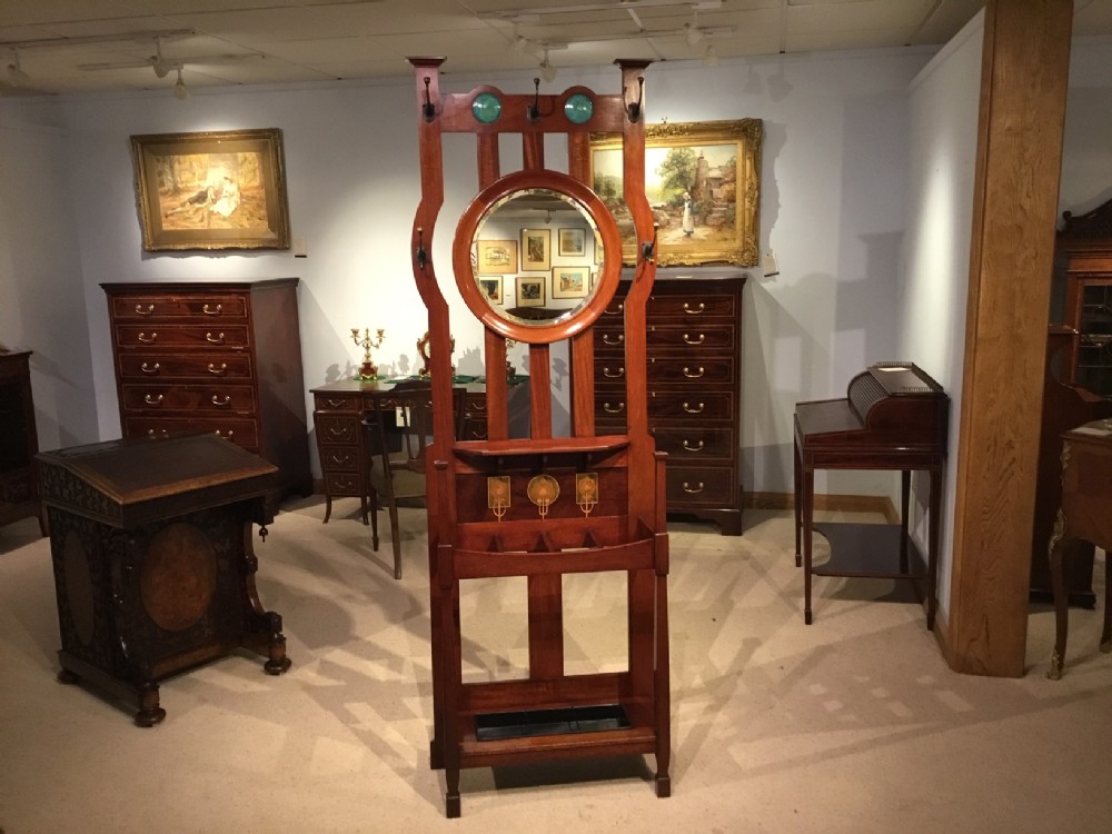A superb quality mahogany Shapland & Petter of Barnstaple arts and crafts hall stand.