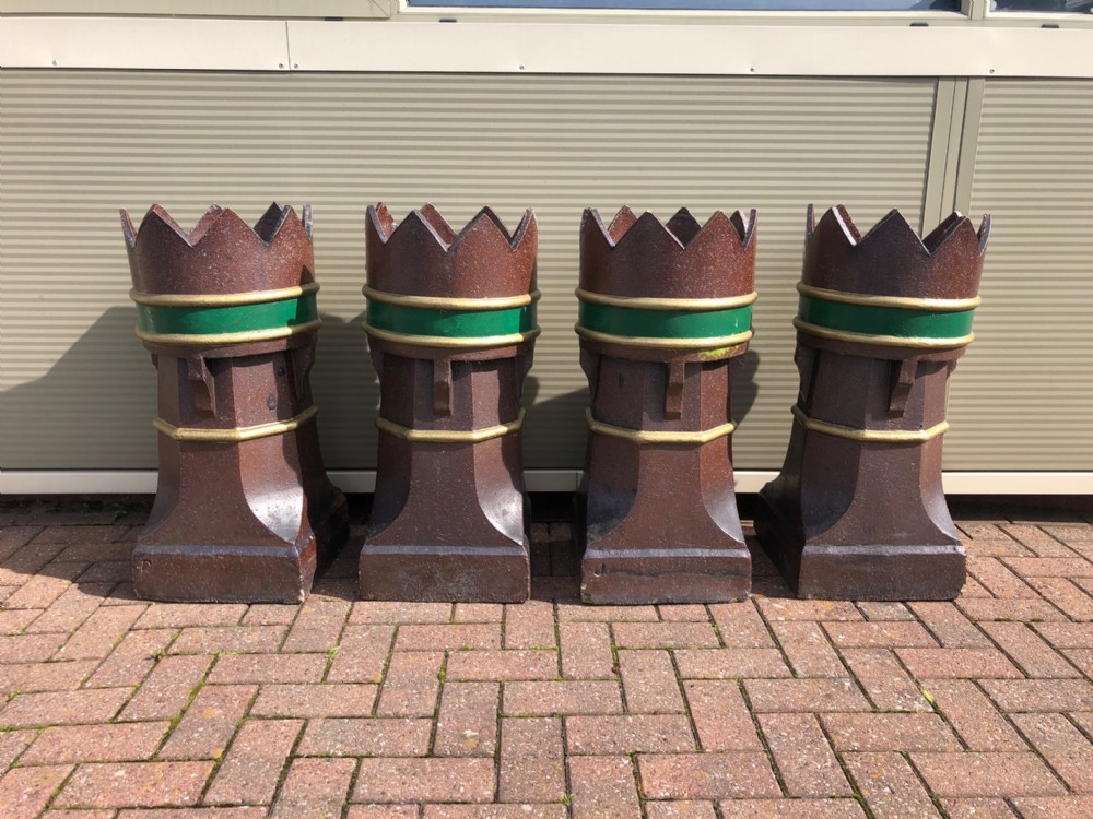 A Set Of 4 Victorian Period Salt Glazed Crown Topped Chimney Pots