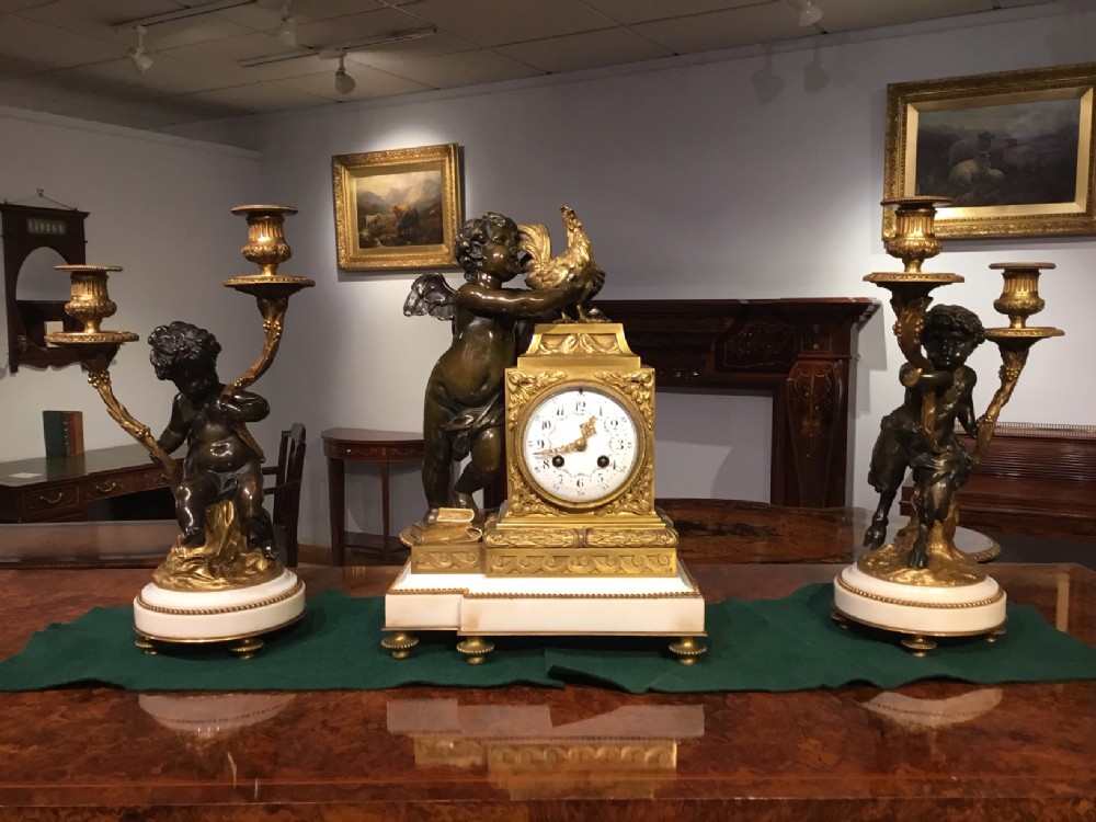 A Charming French Bronze & Ormolu Cherub Clock Garniture
