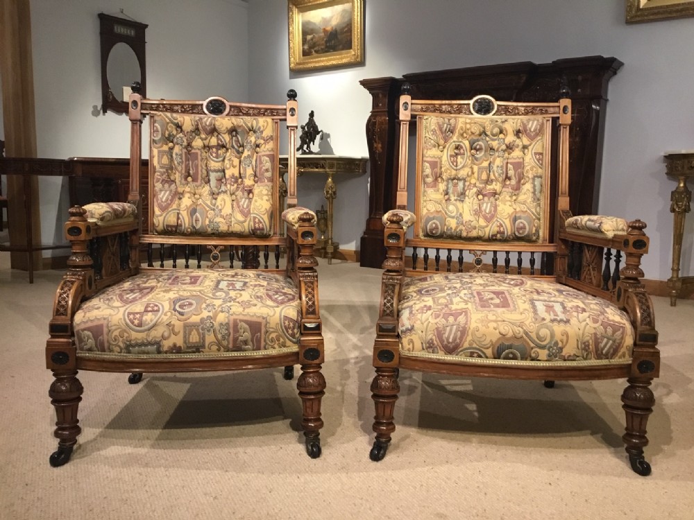 A Pair Of Victorian Aesthetic Period Gents & Ladies Walnut & Ebony Armchairs