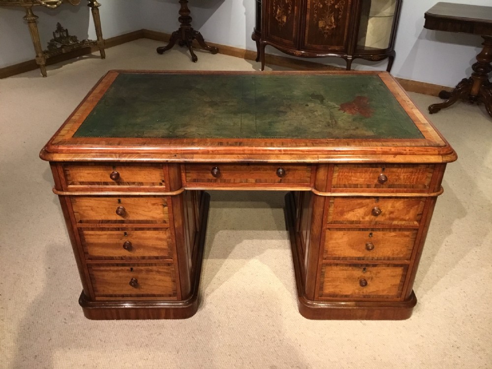 A Lovely satinwood and walnut banded Victorian Period antique partners desk