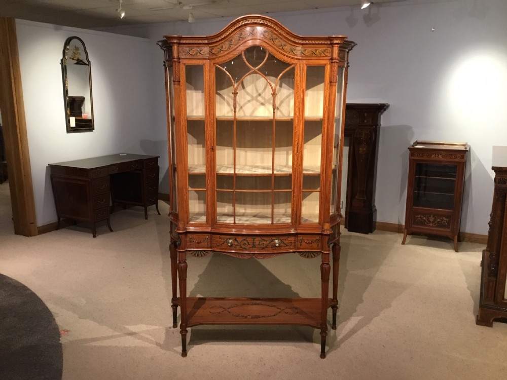A Superb Quality satinwood Edwardian Period Sheraton Revival display cabinet with painted decoration