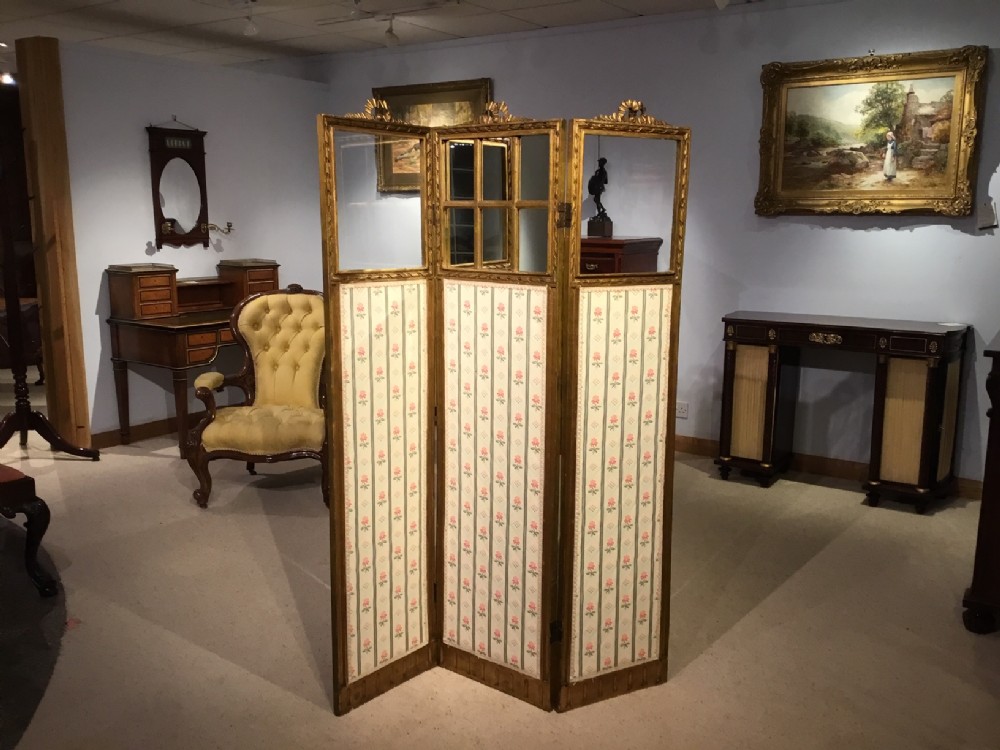 A French carved gilt wood 3 fold antique vanity screen