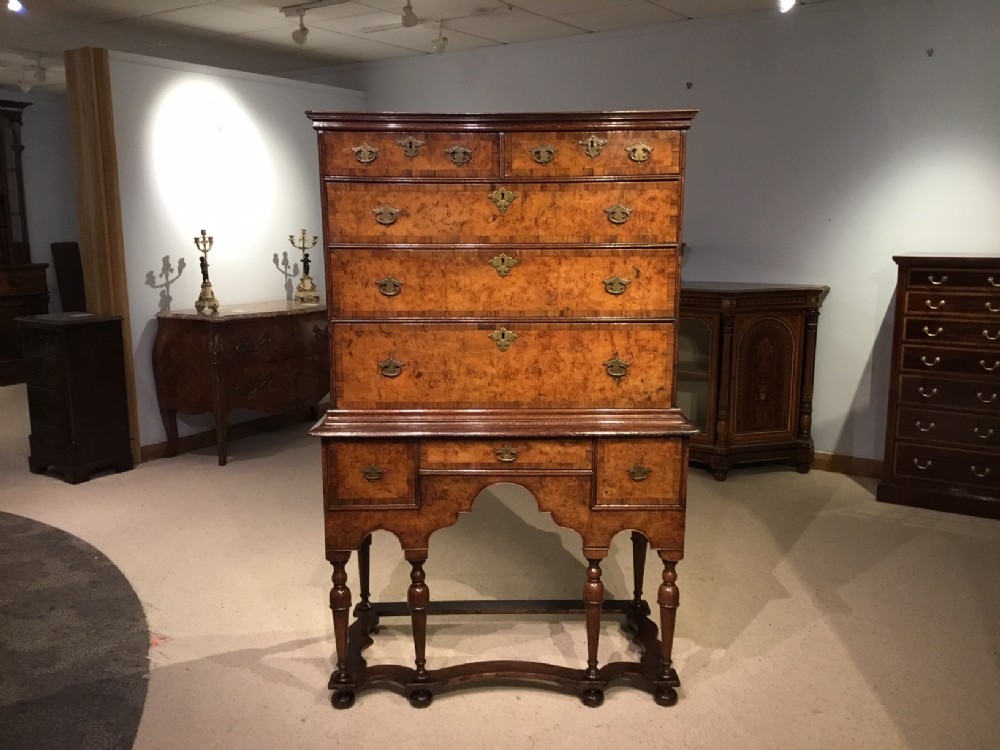 A Good Rare William & Mary Period burr oak, oak and walnut chest on stand.