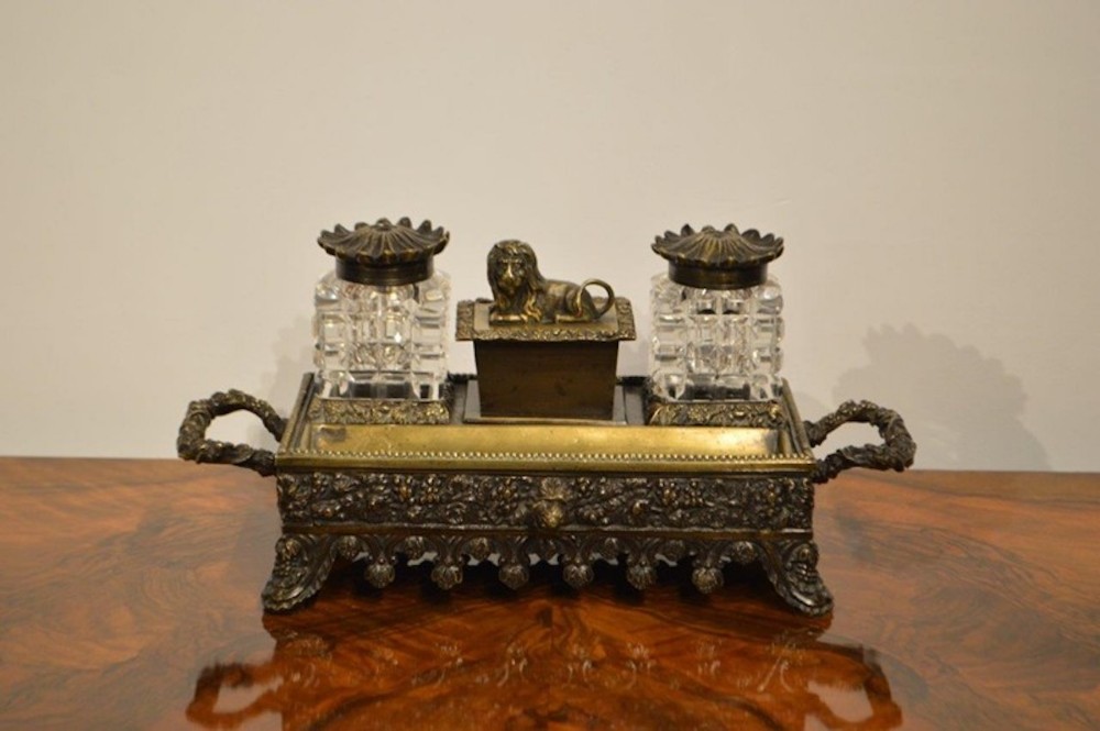 A bronze and glass Early Victorian Period desk set
