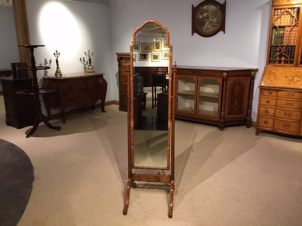 A walnut Queen Anne Style antique cheval mirror