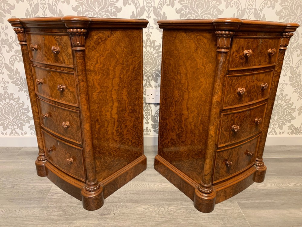 A superb quality pair of Victorian Period burr walnut bedside chests