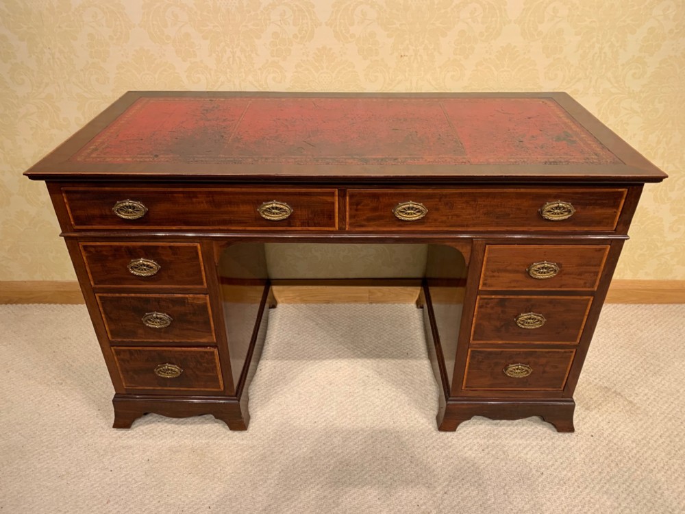 A superb quality Edwardian Period mahogany inlaid antique pedestal desk