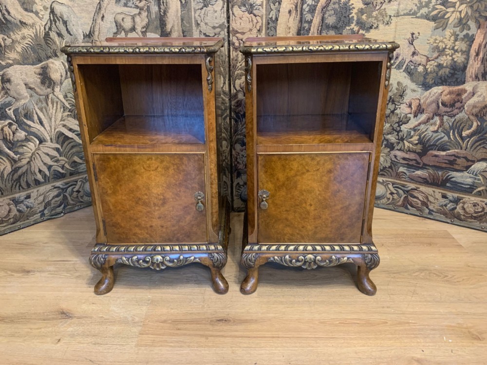 A pair of 1920s burr walnut & parcel gilt antique bedside cabinets by Beresford and Hicks of London