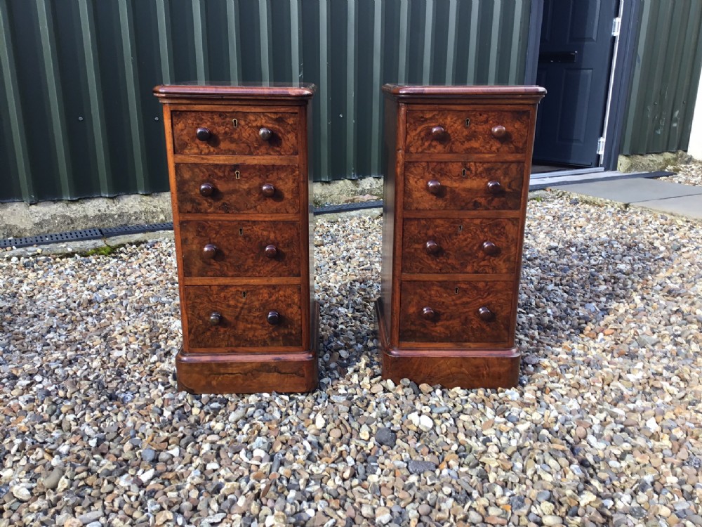 An attractive pair of Victorian Period burr walnut antique bedside chests