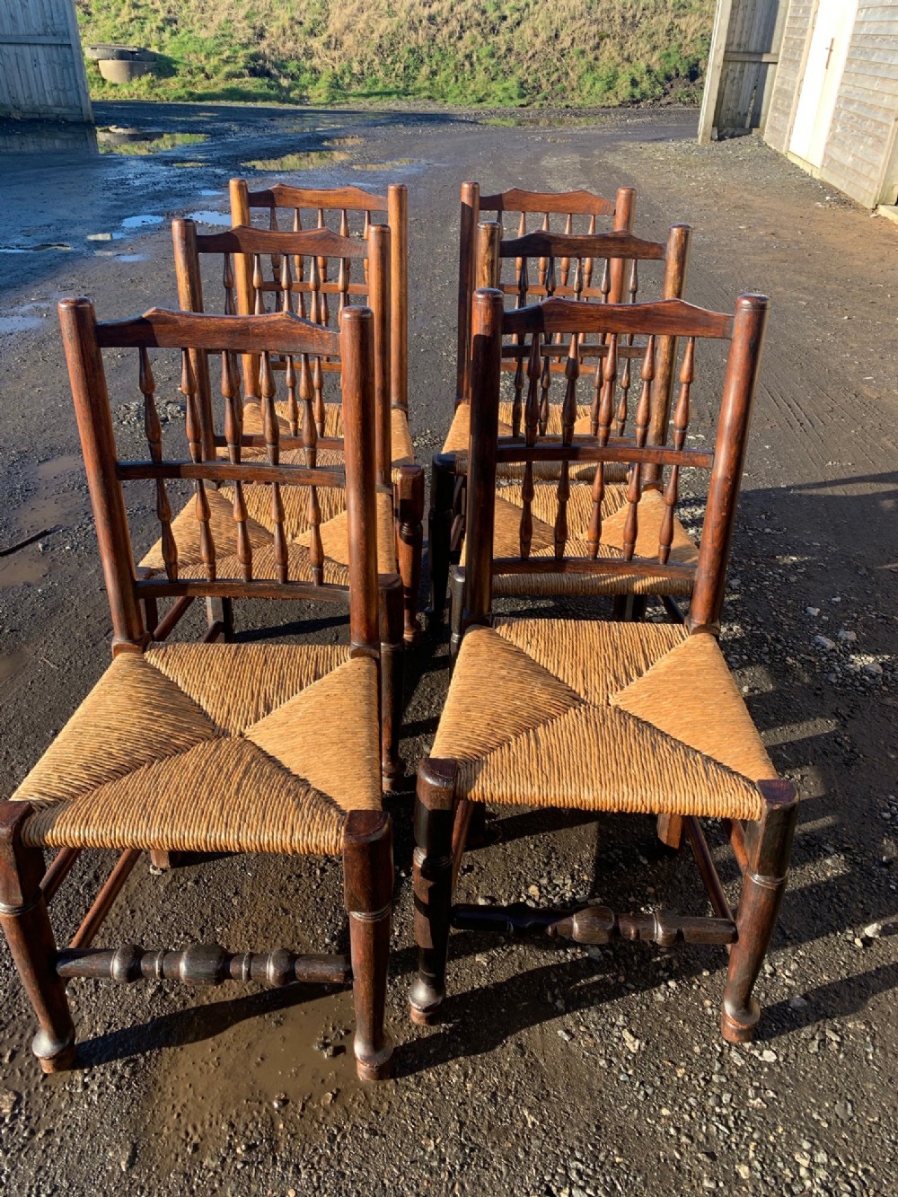 A set of six 19th Century Lancashire spindle back dining chairs