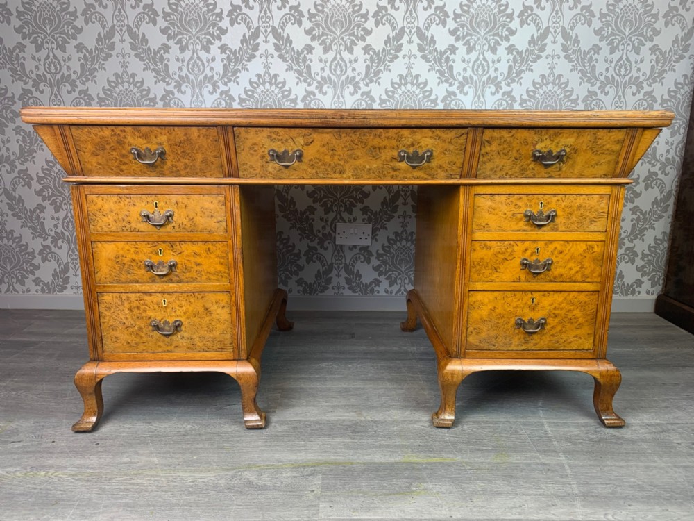 A Victorian Period burr oak and oak antique pedestal desk