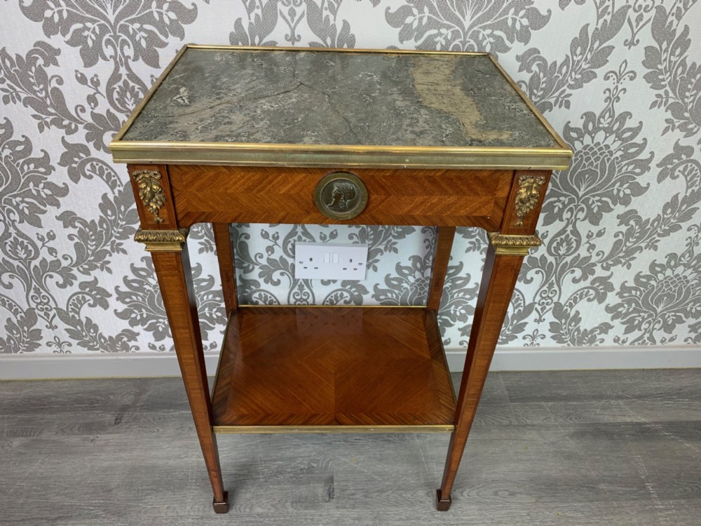 A Fine quality French Kingwood and mahogany marble topped lamp table
