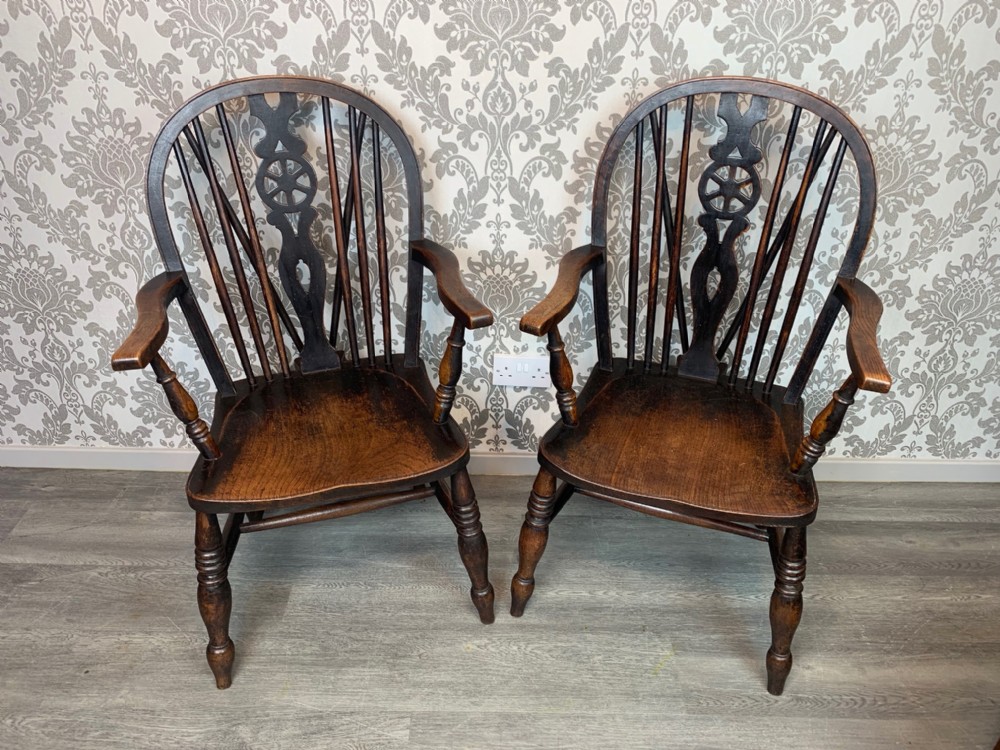 A good pair of 19th Century Ash and Elm kitchen Windsor armchairs
