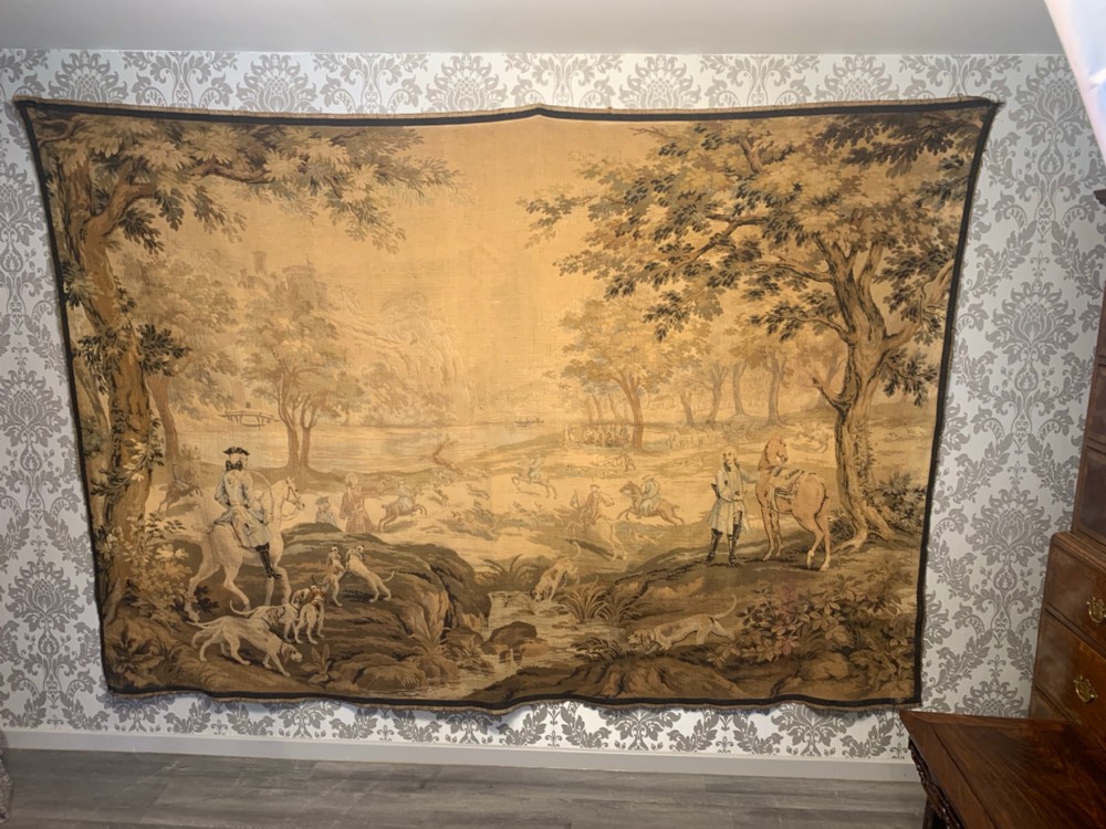 Large scale Continental tapestry depicting horsemen and dogs