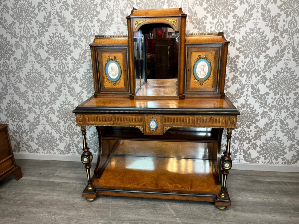 A fine quality Victorian Period amboyna, Purple Heart and ebony bonheur de jour