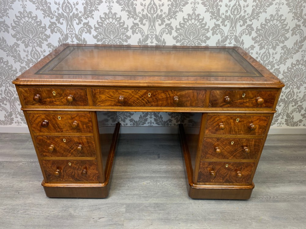 A fine quality Victorian Period burr walnut antique pedestal desk