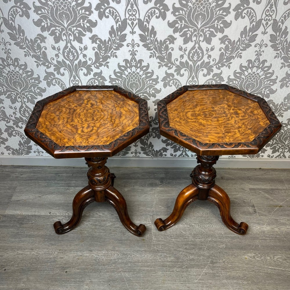 A fine quality pair of Victorian Period octagonal walnut and burr walnut wine tables